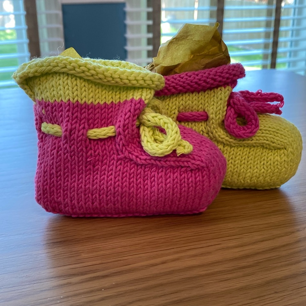 Bamboo booties in pink and lime. Hand made by me. Length is 4 inches.